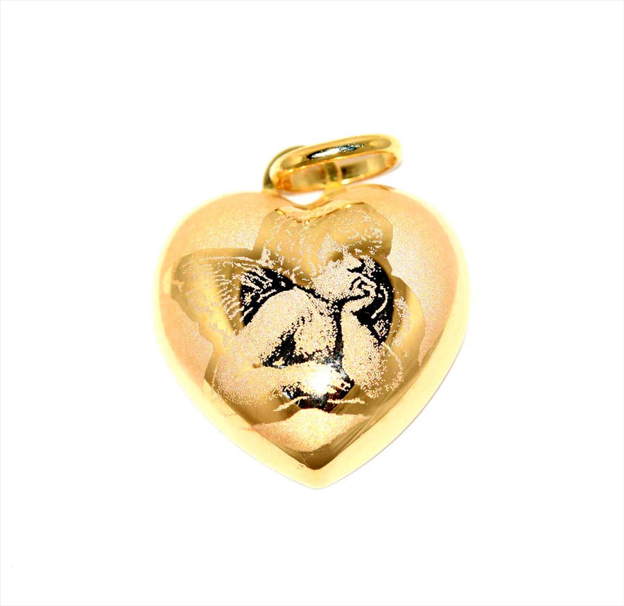 18k YG Italian Hollow Heart Pendant with Angel Engraved 15mm Approx 2.0g