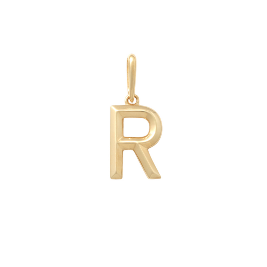 9k YG Block Letter R Pendant. 10.9mm