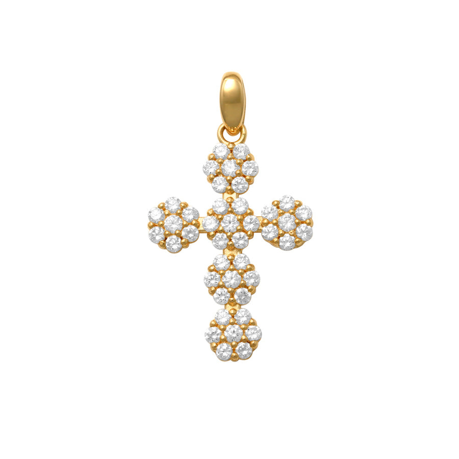 9k YG Solid CZ Flower Cross Pendant with 42 CZ's 20mm x 15mm