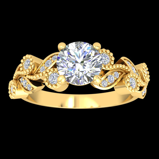 "Samantha" 9k YG 5.5mm (0.60ct) CZ Solitare Ring with leaf and flower stone set band. Size N
