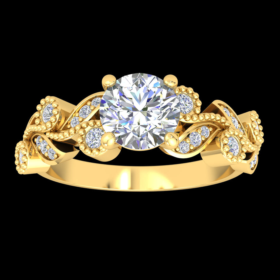 "Samantha" 9k YG 5.5mm (0.60ct) CZ Solitare Ring with leaf and flower stone set band. Size N