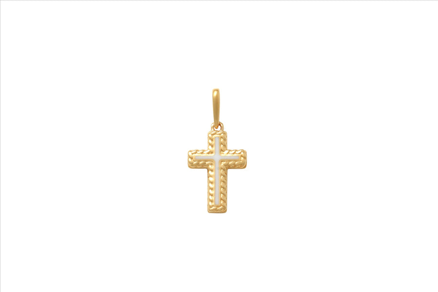 9k YG Squared Cross with White Enamel 14x9mm