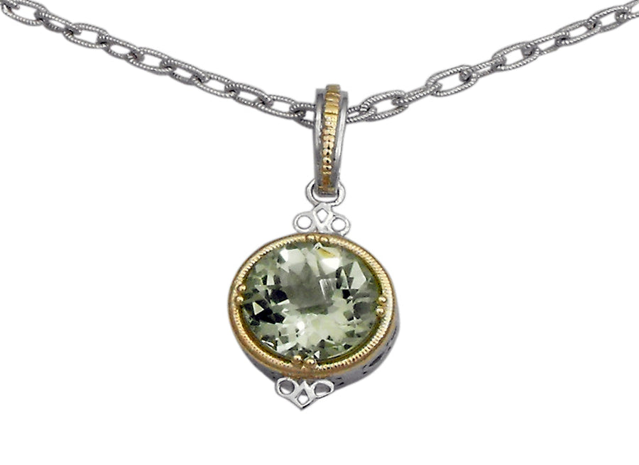 14k & 925 Green Amethyst Round  Pendant attached to 925 Oval Link T-Bar Chain  45cm.