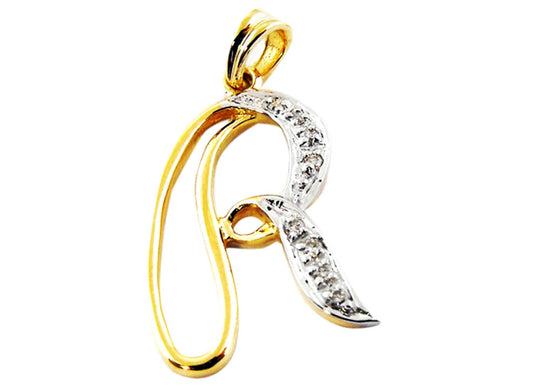 9k YG Diamond Script Letter Pendant R with 8D=0.04ct. 15mm