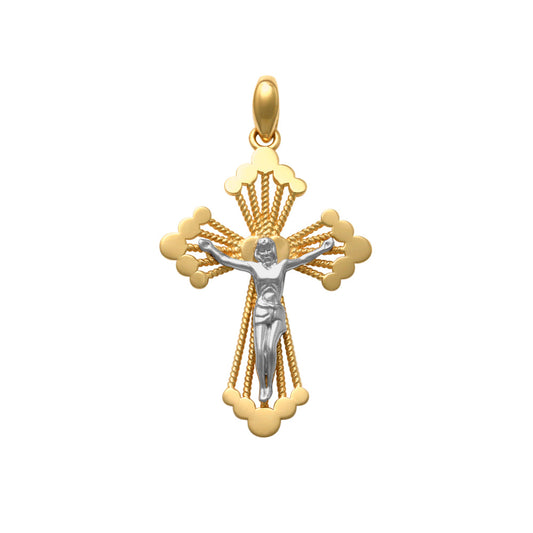 9k 2T Solid YG Fancy Budded Crucifixion Pendant with WG Christ 19mm x 13mm