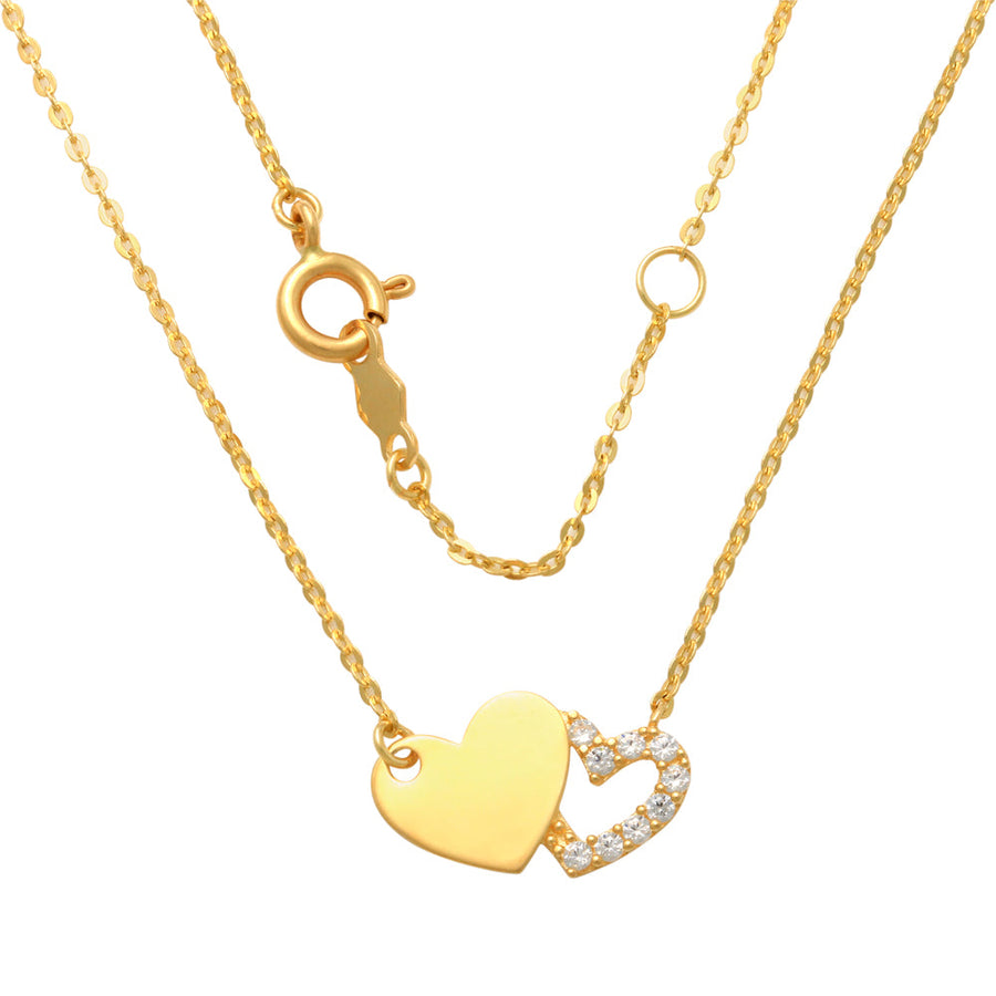 9k YG 14mm Double CZ and Plain Heart Pendant with Oval Link Chain 45cm with O-Ring at 42cm