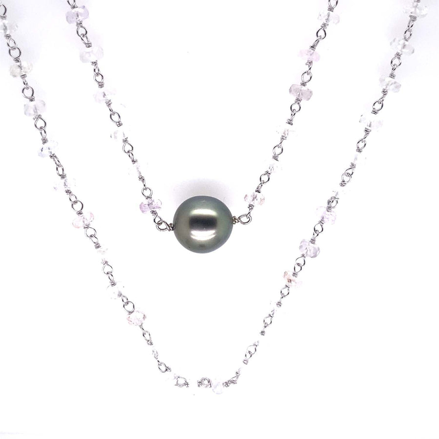 18k WG White Sapphire and Grey Tahitian Pearl Double-Stranded Chain 68cm. Gross weight 21.0g. 8-8.5mm Tahitian Pearl. White Sapphire weight 54.9ct.