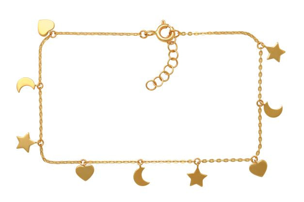 9k YG Star, Moon & Heart Charm Oval Link Bracelet 19cm incl. 2cm adjustable links