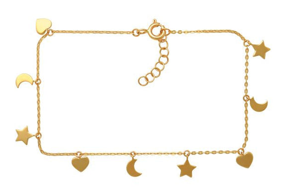 9k YG Star, Moon & Heart Charm Oval Link Bracelet 19cm