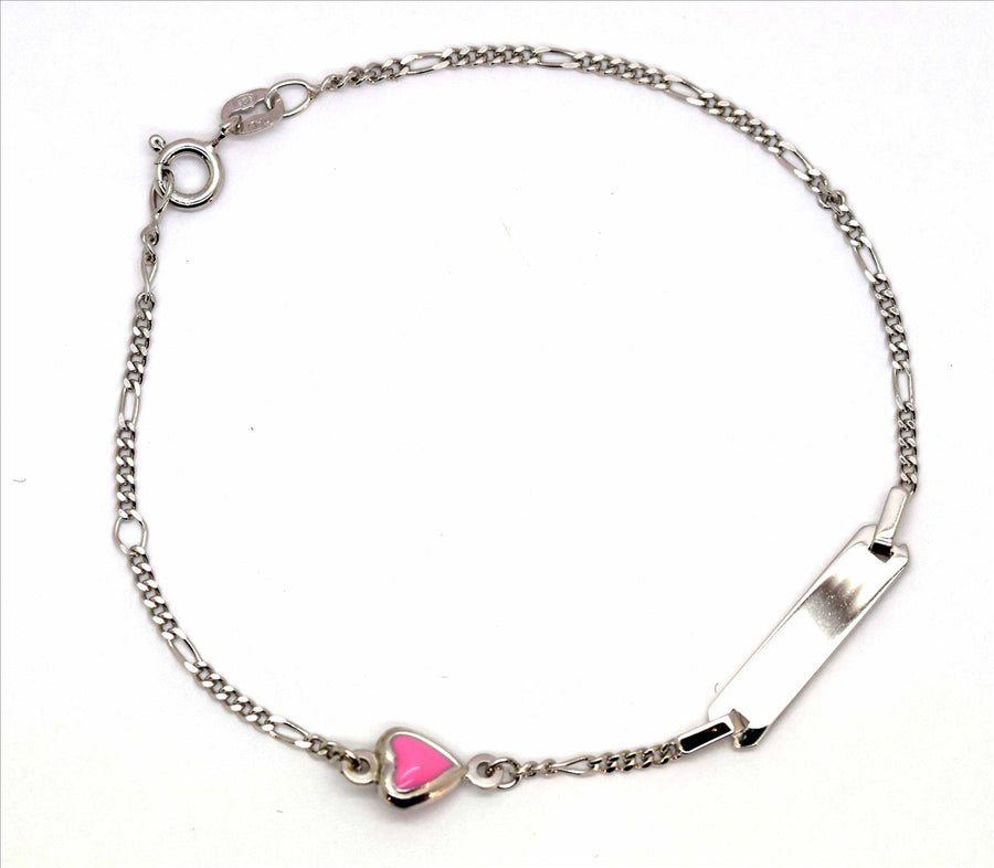 925 Italian ID Bracelet Figaro 1x3 1.9mm with Pink Enamel Heart Pendant 20cm