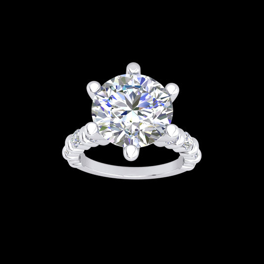 "Sophia" 9k WG 6.5mm (1ct) CZ Solitare Ring with round CZs and bead work on band. Size L