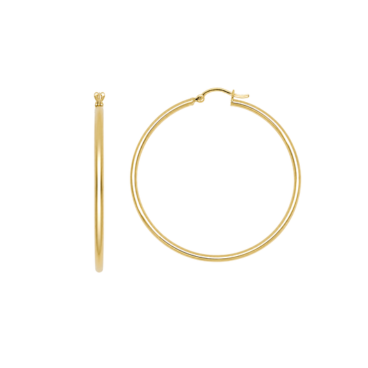 9k YG Round Hoop Earrings 50mm Diameter. Round Tube 2mm Wide