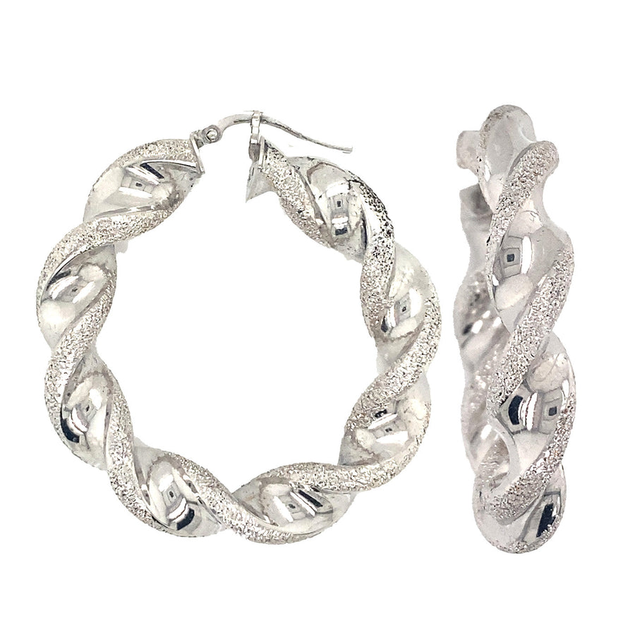 18k WG Round Twist Hoop Earrings 24mm Diameter. 7.2mm Wide. Approx. 8g