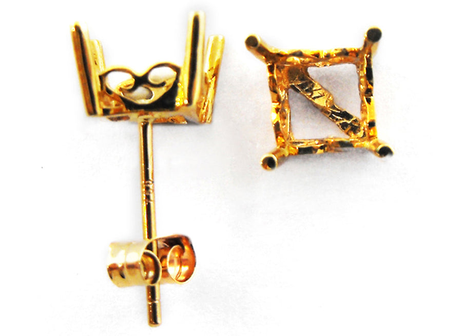 18k YG Unset Stud Earrings  4 Claws  for Square Stones  4mm. Butterflies not included.