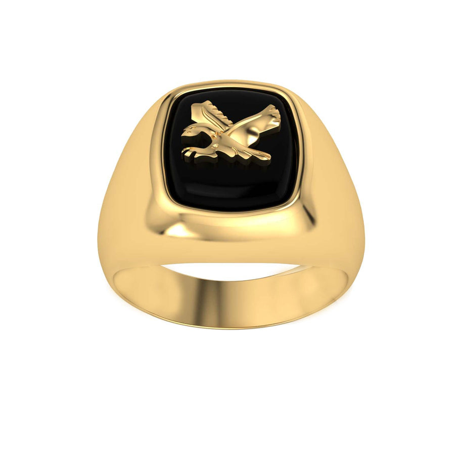 9k Yellow Gold 12 x 10mm Cushion Black Onyx Gents Rings with 9k Yellow Gold Eagle Size W
