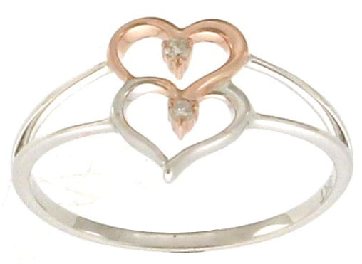 9k WG & RG Double Heart Ring 2D=0.02ct Size M