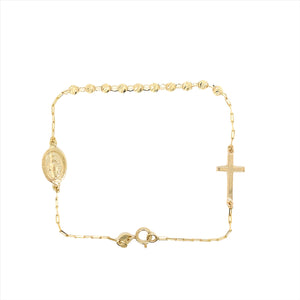 9k YG Rosary Bracelet with 3mm Polished Balls Madonna and Cross. 18.5cm.