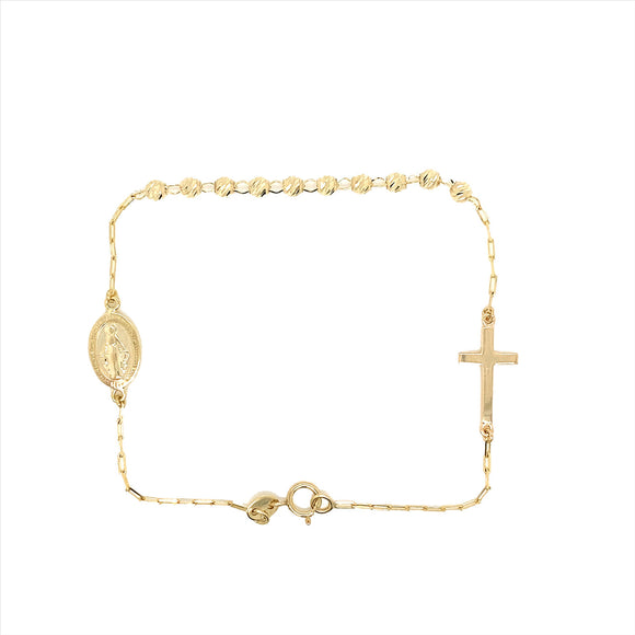 9k YG Rosary Bracelet with 3mm Polished Balls Madonna and Cross. 18.5cm.