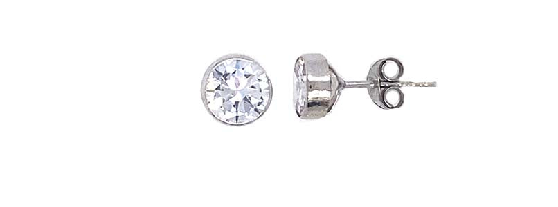 9k WG CZ Round-Cut Bezel Set Stud Earrings with Butterfly 4mm.