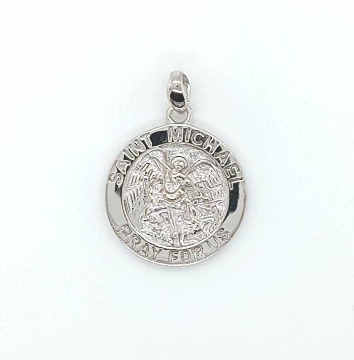 9k WG Solid Round St Michael Medallion Pendant 16.5mm