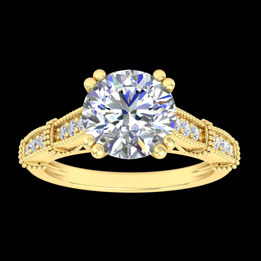 "Beth" 9k YG 7mm (1.2ct) CZ Cathedral Set Solitare Ring with filigree design and peekaboo diamond under bezel. Includes matching wedding band. Size L