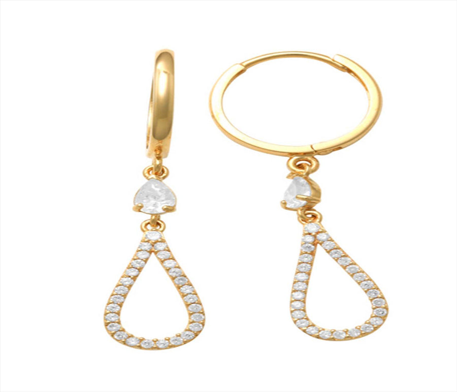 9k YG CZ Round Huggie Earrings 10mm Diameter. with Tear Drop 1.5mm