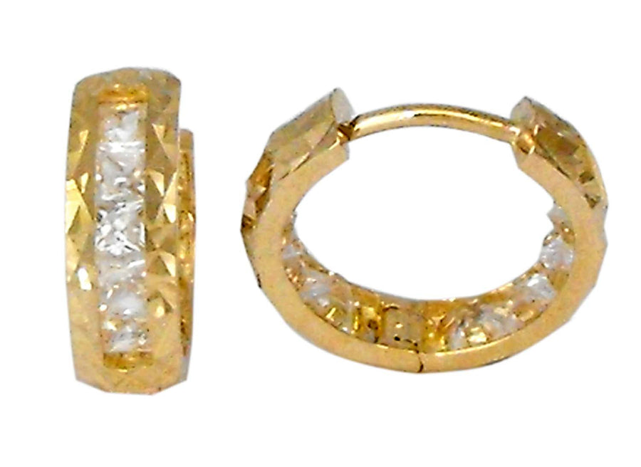 9k YG CZ Round Huggie Earrings 10mm Diameter. with Diamond Cut Edging