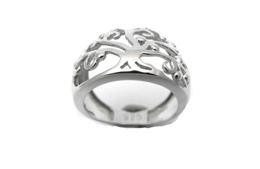925 Tree of Life Ring. Flat 16mm wide. Size M.
