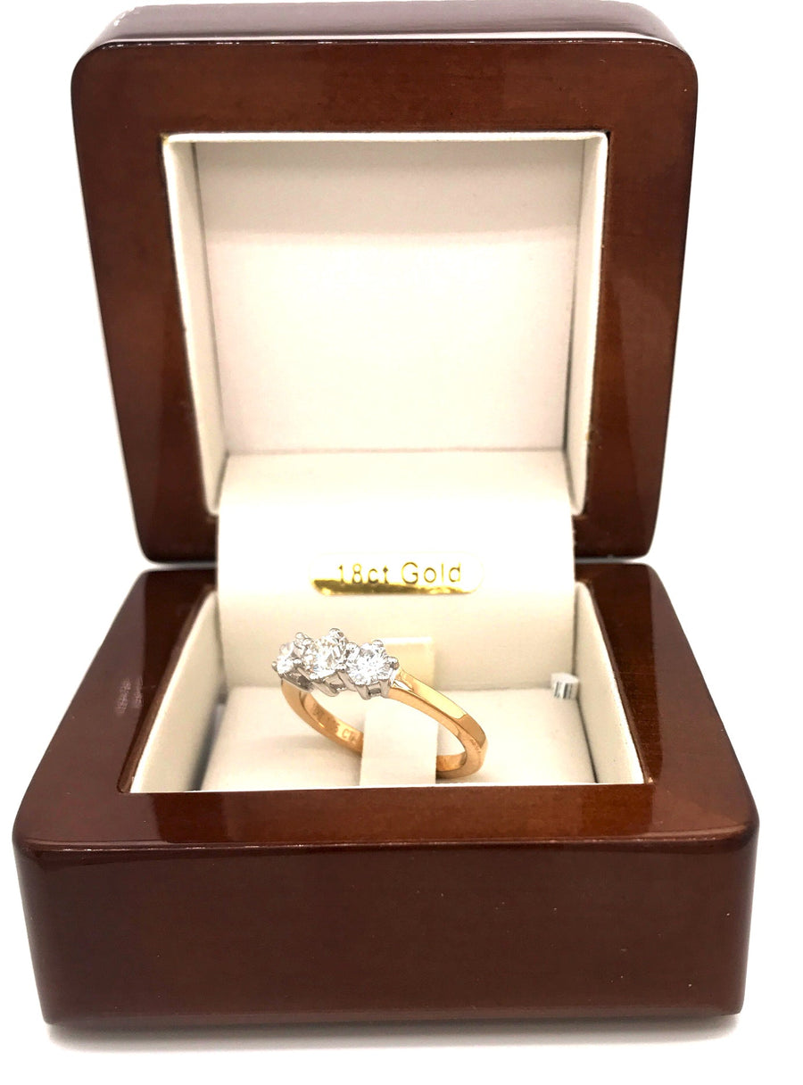 18k YG Band & WG setting 3 Diamond Trilogy Ring Set in WG setting with 6 claws 3D=1.00ct Color: G- H  Clarity:  SI - SI3 Size Q