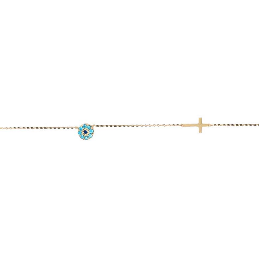 9k YG CZ Eye & Cross Pendant with Oval Link Bracelet 19cm Incl 2cm adjustable links