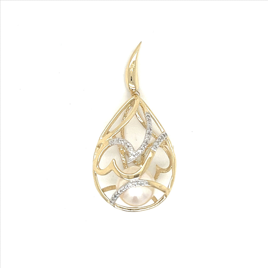9k YG Diamond Tear Drop Pendant with Fresh Water Pearl 32D=0.10ct. Grain Set . Meas. 26mm x 18mm