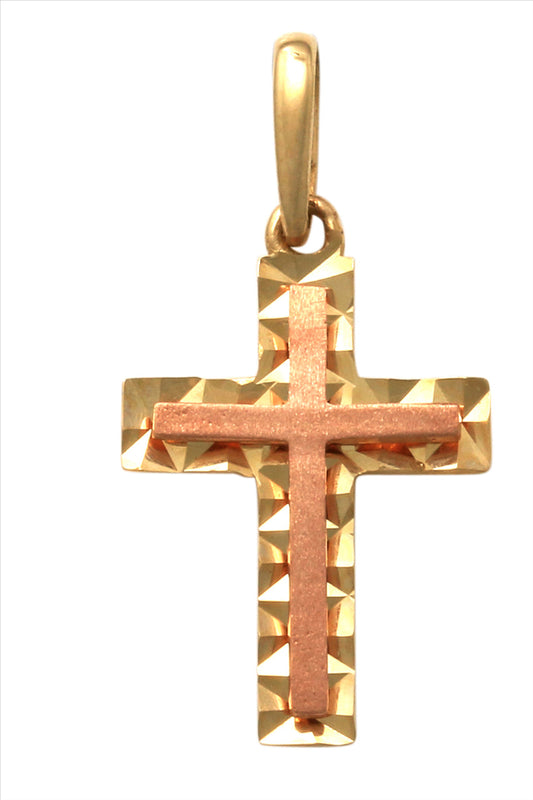 9k 2T Solid YG Fancy edged Cross Pendant with RG Matt finish centre 14mm x 9mm