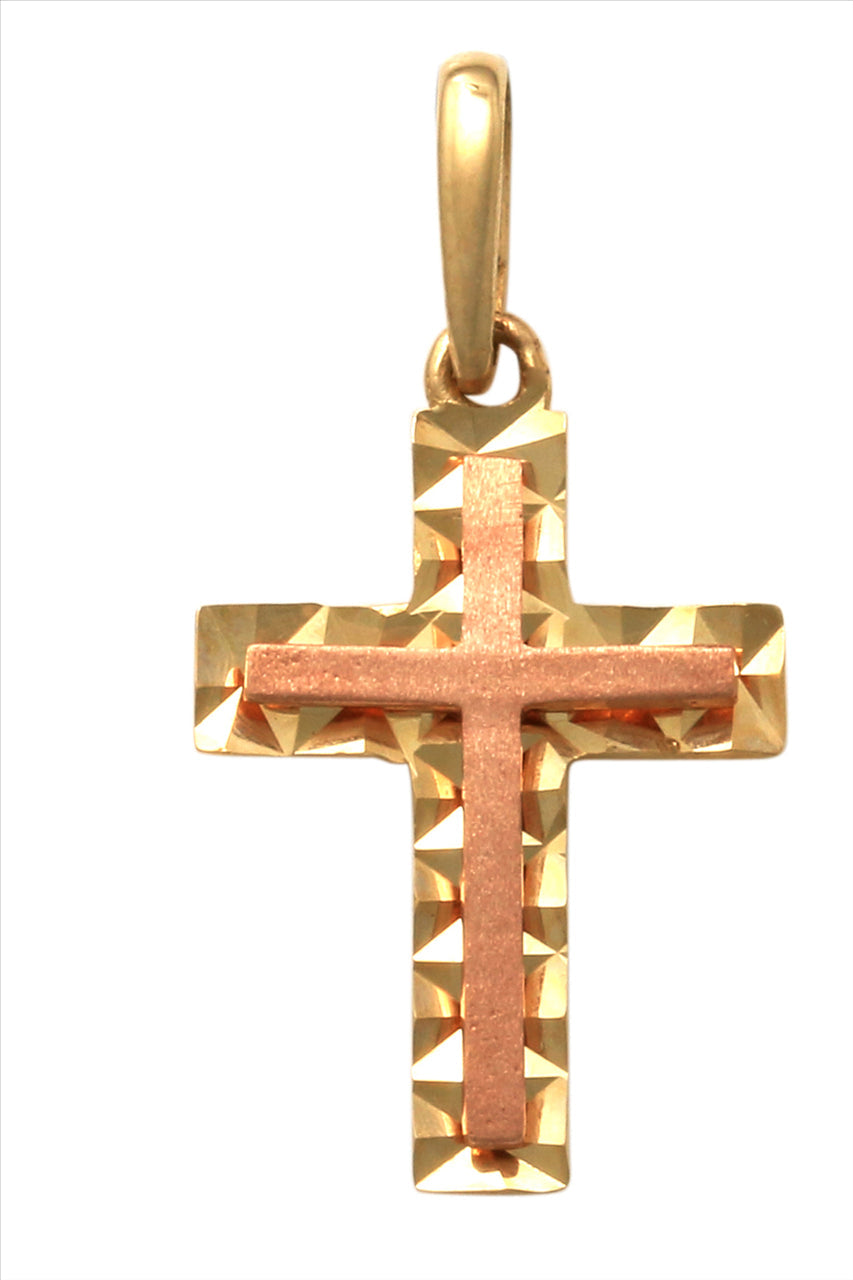 9k 2T Solid YG Fancy edged Cross Pendant with RG Matt finish centre 14mm x 9mm