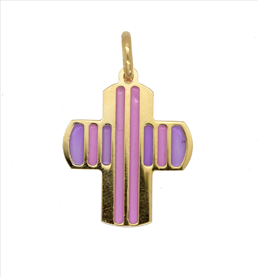 18k YG Italian Enamel Pink/Purple Cross Pendant . 19x16mm