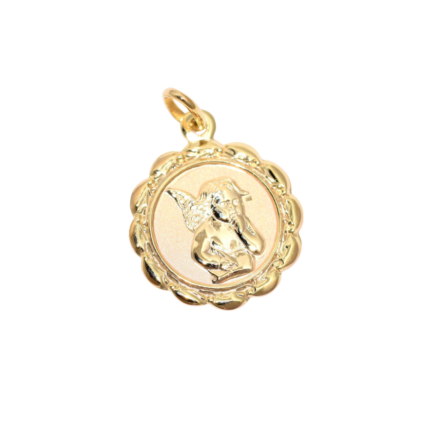 18k YG Italian Solid Round Scalloped Edged Medallion Pendant with Angel Engraved 17mm Approx 2.0g