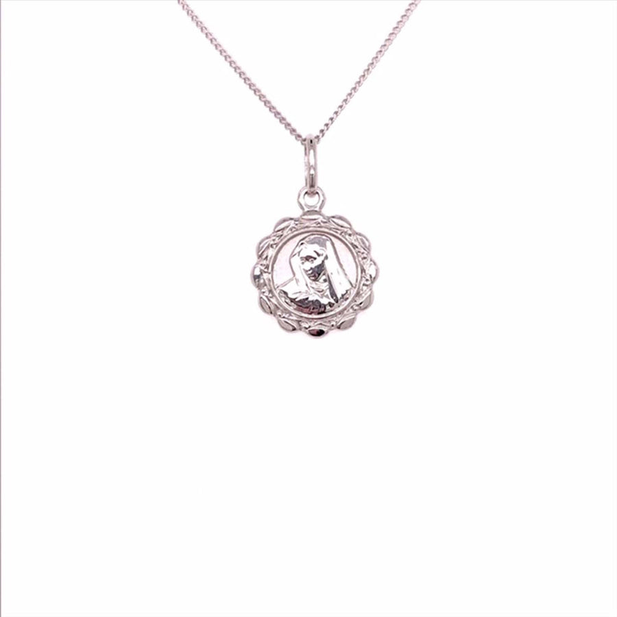 9k WG Italian Solid Round Scalloped Edged Madonna Medallion Pendant 13mm