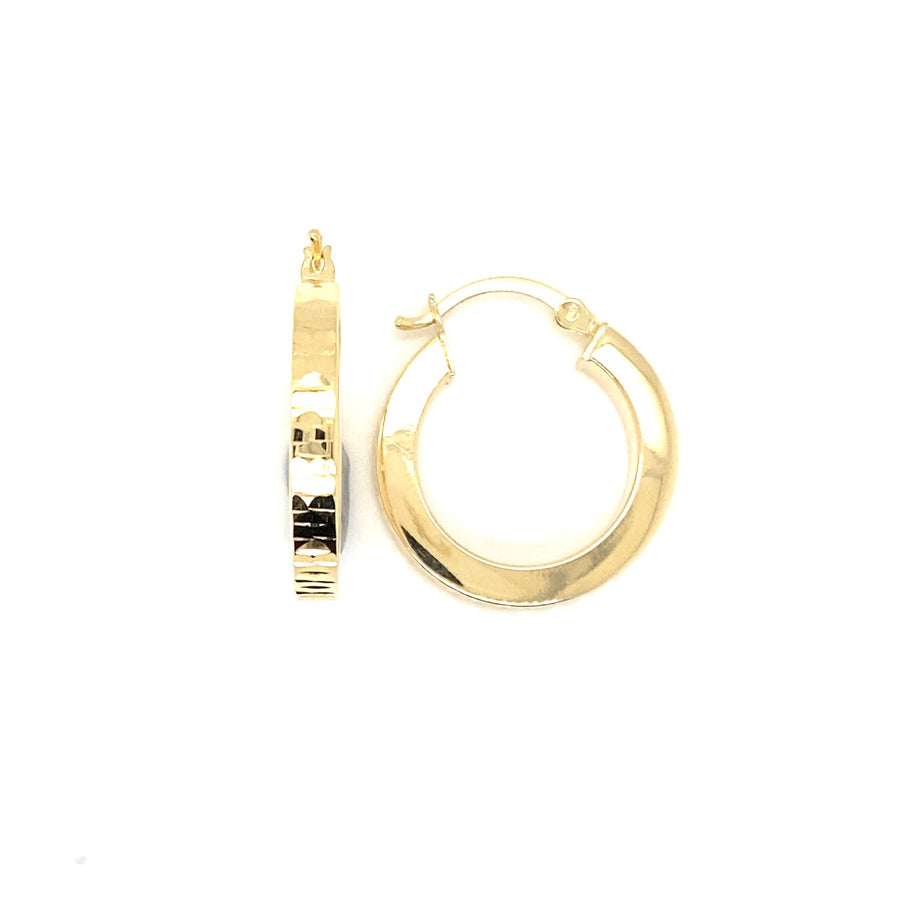 9k YG Textured Round Hoop Earrings 15mm Diameter. Square Tube 3mm