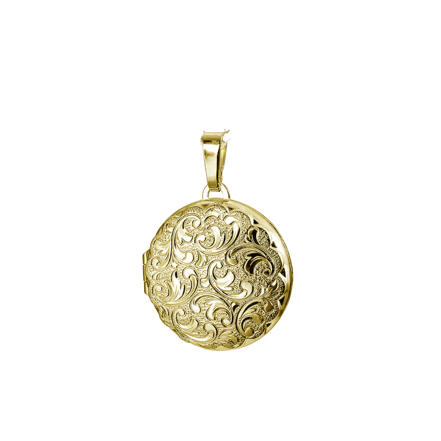 9k YG German Polished Fully Engraved Round Locket 22mm