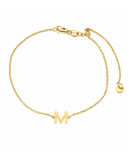 9k YG Diamond Cut Trace Chain 1.1mm Wide with Letter M (6x6.5mm) 45cm with Adjustable Finding