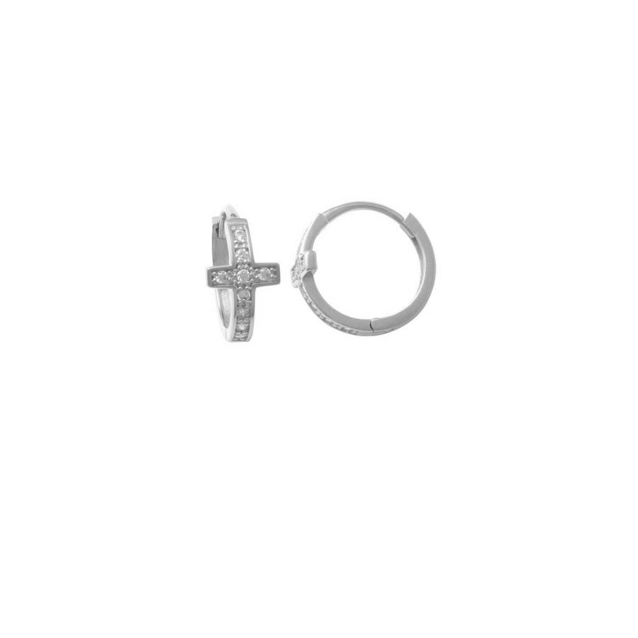 9k WG CZ Cross Round Huggie Earrings 10.5mm Diameter