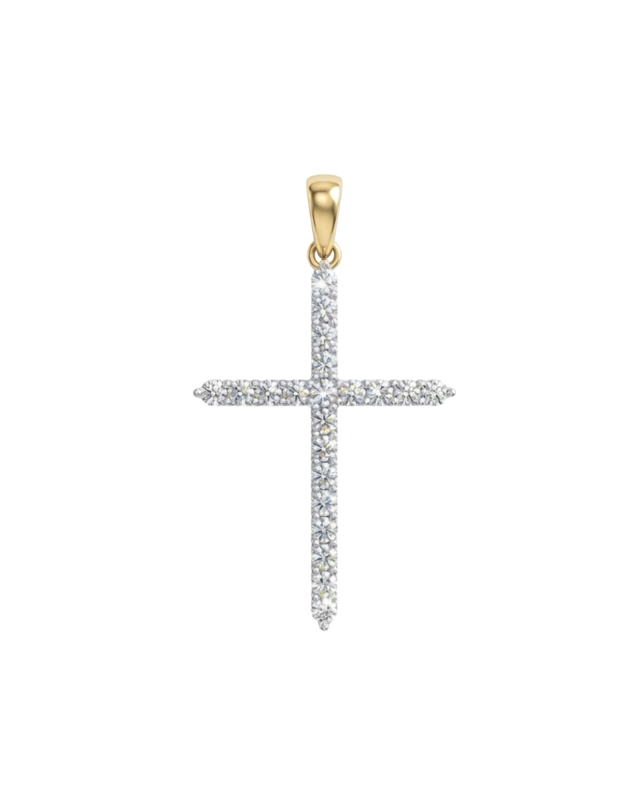 9k YG Diamond Cross Pendant 21D=0.70ct Claw Set. Meas. 29mm x 19.5mm