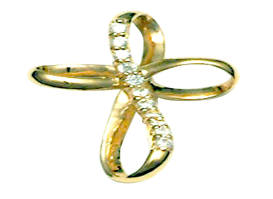 18k YG Solid Infinity Cross Pendant with 11 CZ's 15x10mm