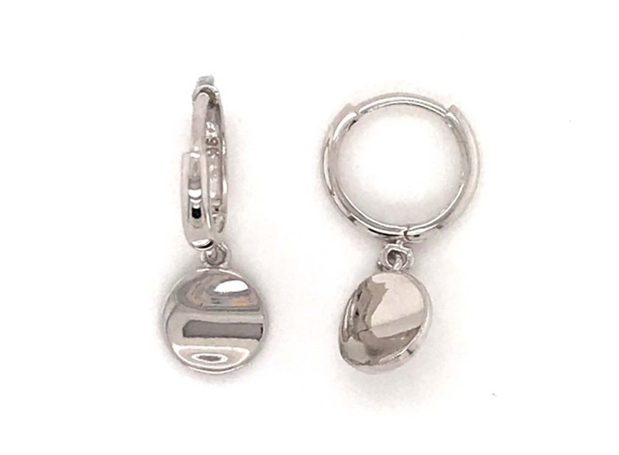 9k WG Round Huggie Earrings 8mm Diameter. with Round Disc Drop. 2mm Wide