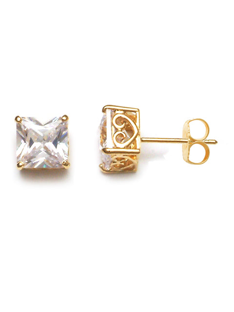 9k YG CZ 4 Claw Princess Cut Stud Earrings 6mm