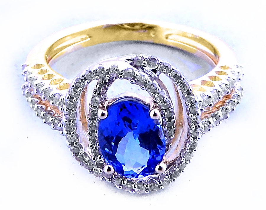 9k YG Oval 8x6mm Tanzanite and Diamond Ring  1Ta=1.13ct 78D=0.47ct Size N