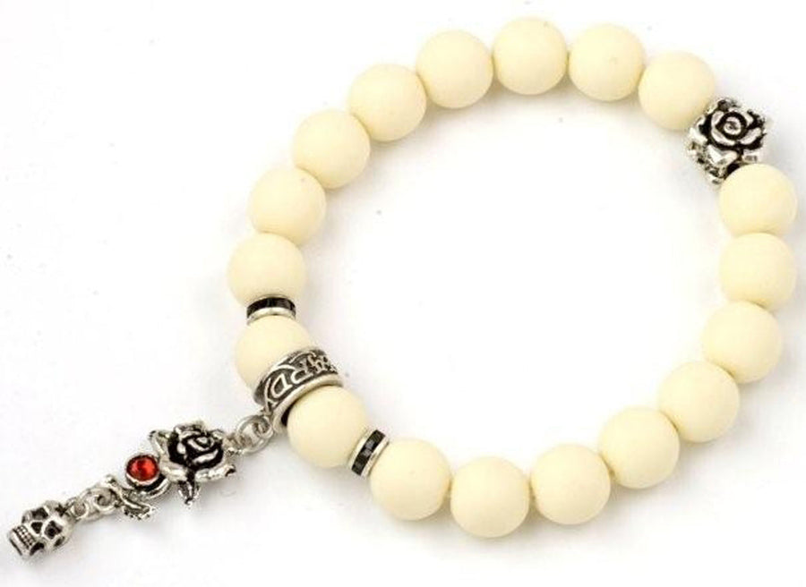White Plastic Beads with Ed Hardy Rose with Red Stone & Skull in Base Metal 10mm