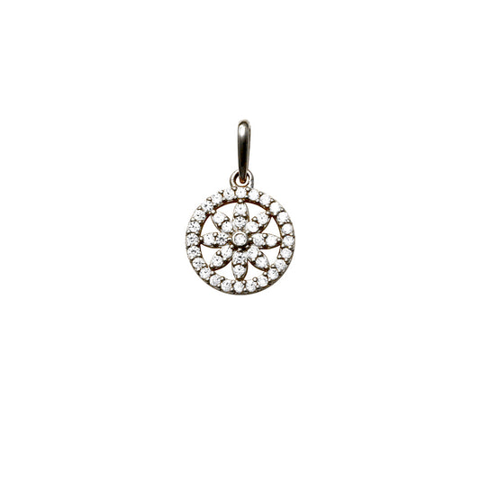 18k WG Circle Pendant Flower design in centre set with CZ's 10mm