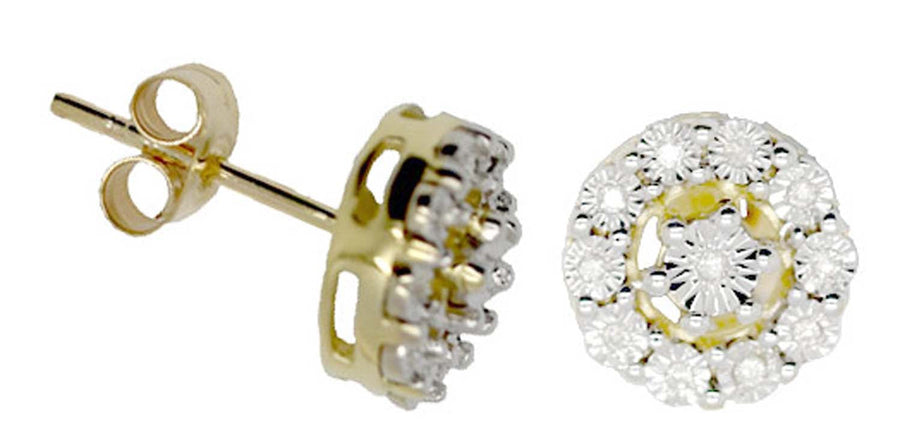 9k 2T Diamond Micro Set Stud Earrings 22D=0.07ct Screw Back Butterflies 9mm