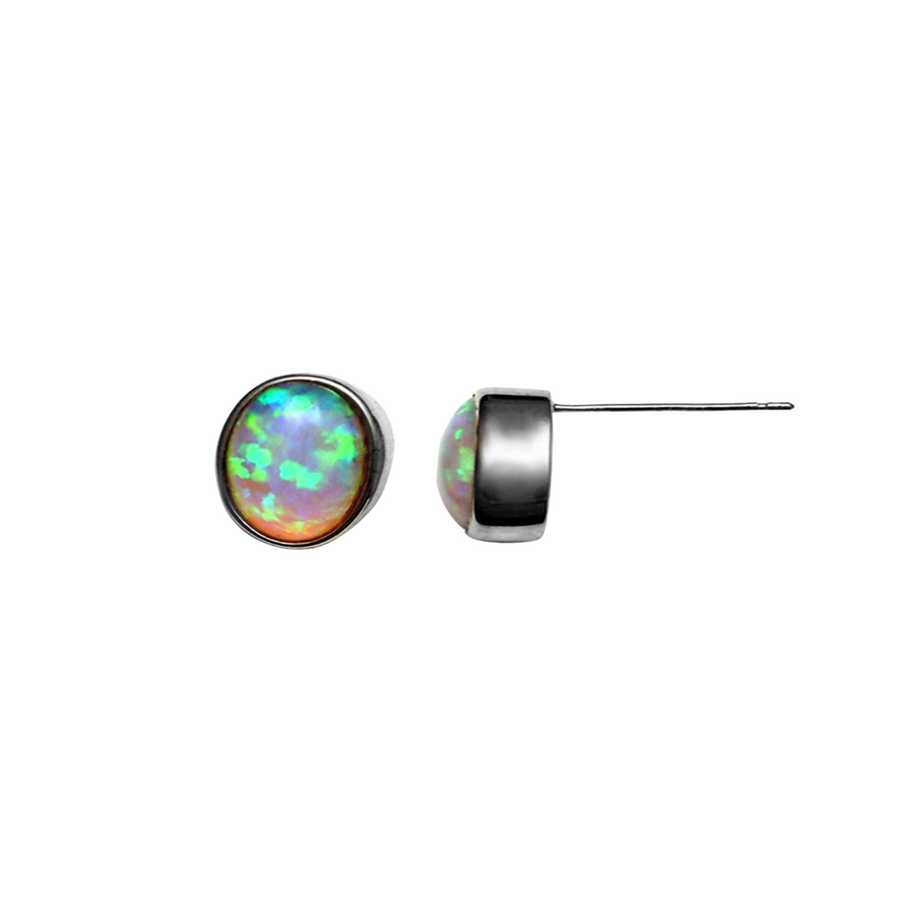 9k WG Oval Syn Opal Stud Earrings Bezel Set 9x7mm