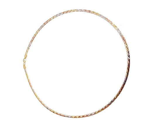 9k WG Italian Double Sided Plain and TRI Color Swiss Cut Omega Chain 3mm Wide 45cm  Approx 9.6g  This is an evening piece not suitable for everyday wear. To prevent damage, chain should be stored flat in a protective box.